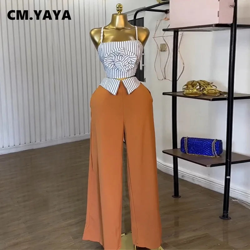 CM.YAYA Fashion Women's Set Striped Strap Floral Applique Crop Top and Wide Leg Pants Suit 2025 Two 2Piece Sets Outfit Tracksuit