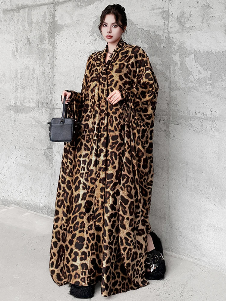 Leopard Print V-Neck Long Sleeve Midi Dress for Women