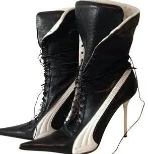 Black Red Leather Pointed Toe High Heel Ankle Boots For Women