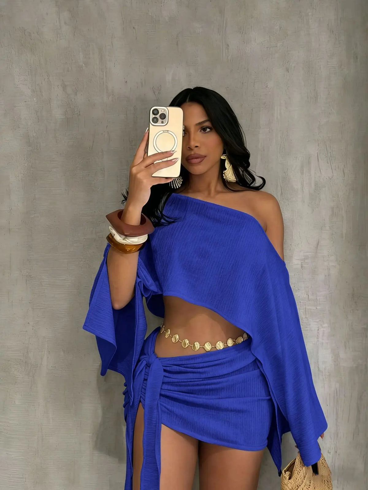 Elegant One Shoulder Crop Top and Mini Skirt Set for Women