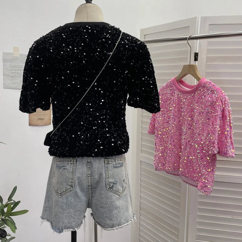 Spicy Girl Pink Sequins Short Sleeve T-shirt Round Neck Slimming Crop Top Blingbling Sexy Nightclub Multi Color Casual Tees