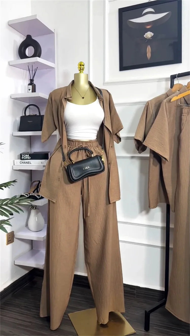 Casual Two Piece Shirt and Wide Leg Pants Set for Women