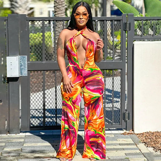 Bohemian Print Halter Backless Jumpsuit