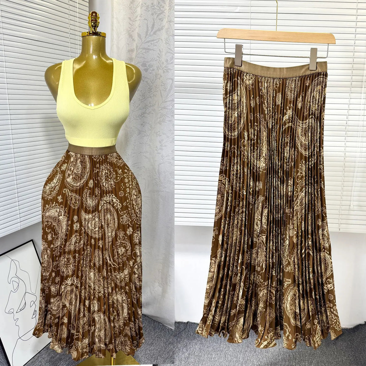 Floral Ruffle A Line Midi Skirt with Elastic Waist for Women