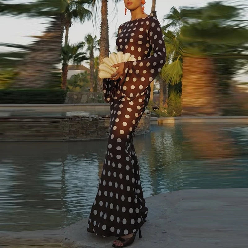 Women Fashion O-neck Flared Sleeve Evening Dress Spring Elegant Hight Waist Slim Long Dress Autumn Polka Dot Print Party Dress