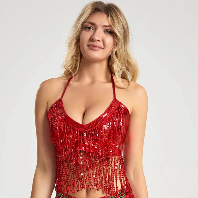 Sequined Tassel Latin Dance Crop Top and Skirt Set for Women