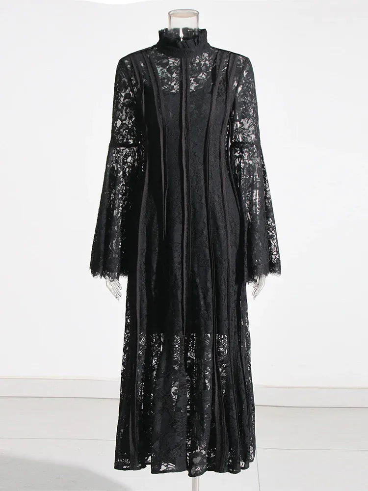 TWOTWINSTYLE Patchwork Lace Slimming Dresses For Women Stand Collar Flare Sleeve High Waist Solid Elegant Dress Female Fashion