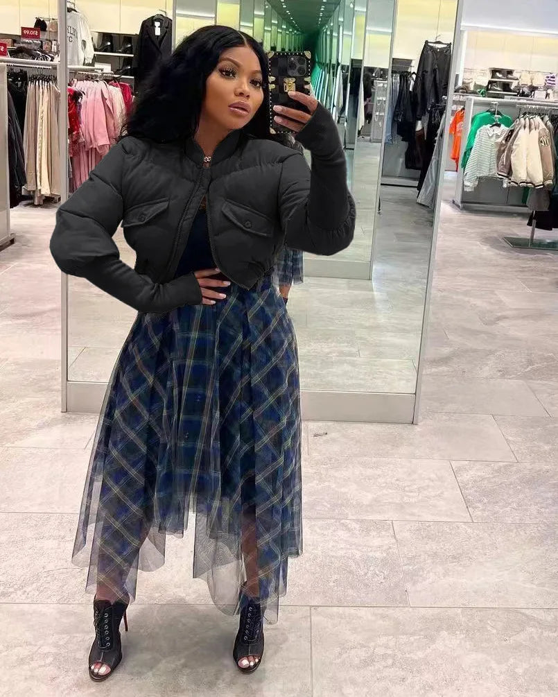 Warm Stand Collar Zippered Short Parka Jacket for Women