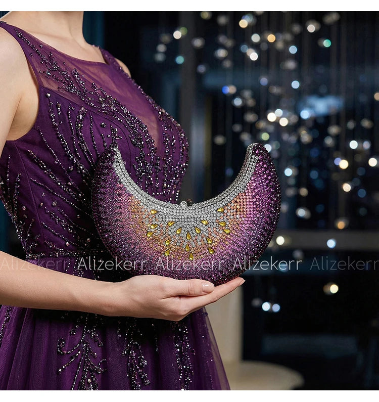 Moon Shaped Diamond Evening Bag with Watermelon Rhinestones for Women