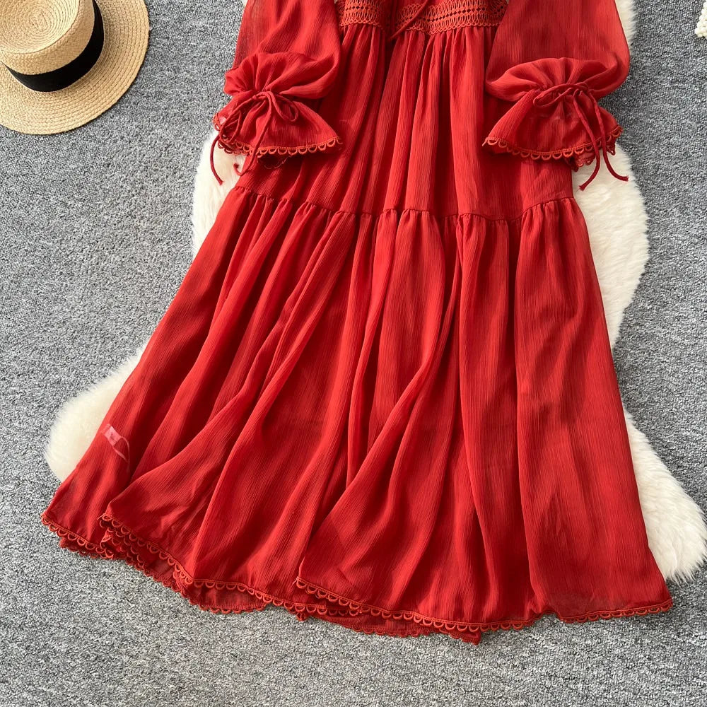 Elegant French V-Neck Waist-Cinching Maxi Dress for Women