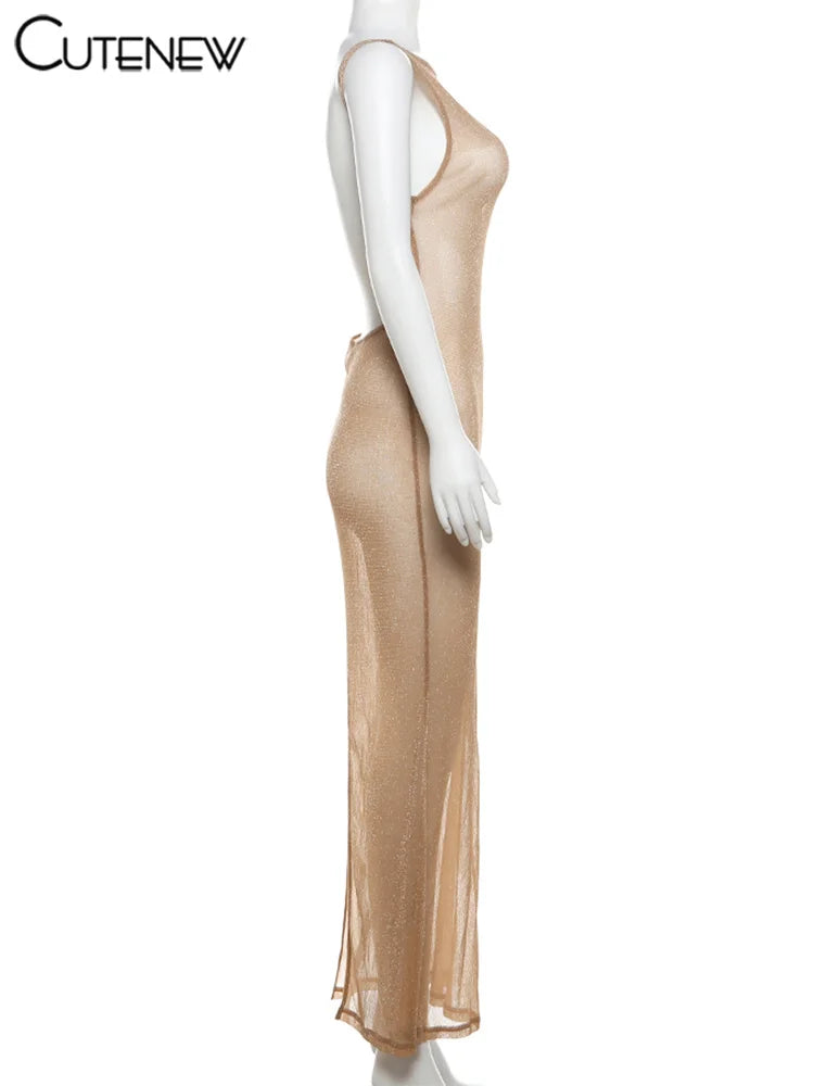 Beach Ready Backless Shiny Body-Shaping Maxi Dress for Women