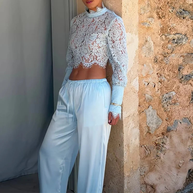 Long Sleeve Lace Two Piece Top And Pants Set for Women