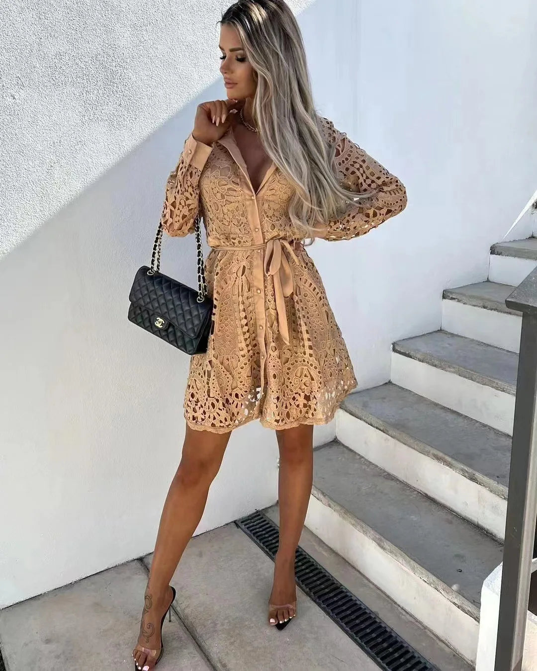 Chic Lace Cutout Long Sleeve Shirt Dress for Women