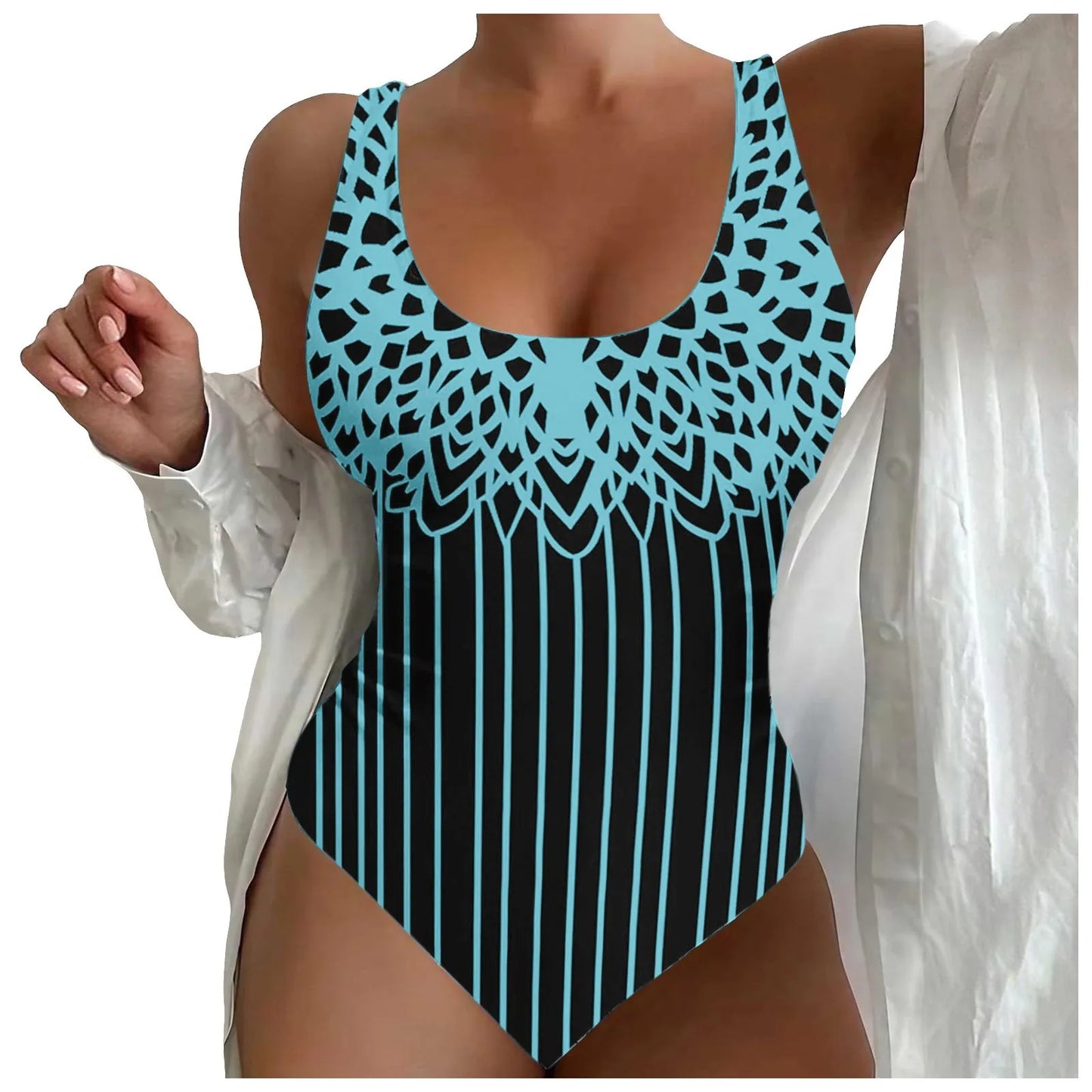 Plus Size U Neck Striped Print Figure Shaping Swimsuit for Women