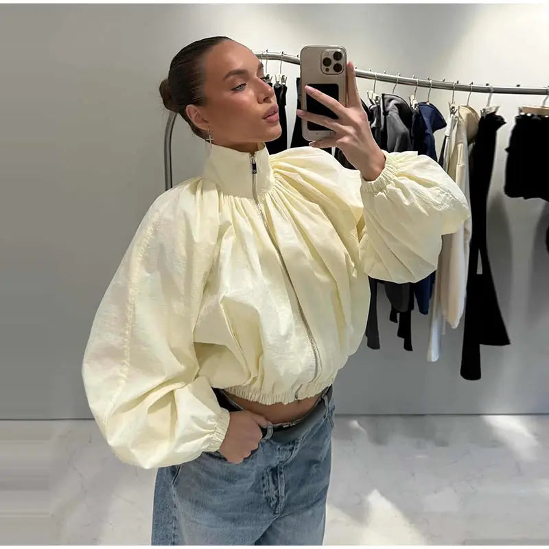Zip Up High Neck Puff Sleeve Cropped Jacket For Women
