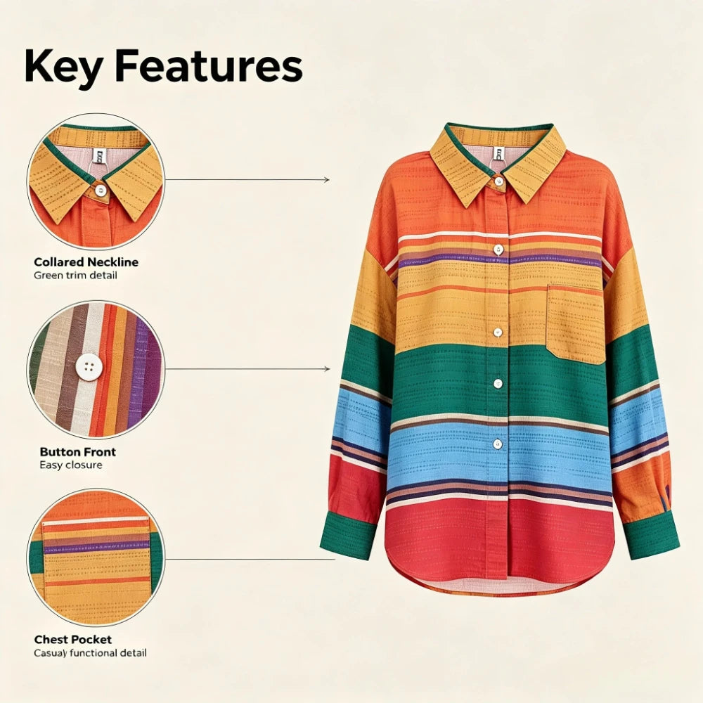 Bonboho Women Colorful Rainbow Stripe Button Down Shirt Lapel Collar Drop Shoulder Loose Long Sleeve Blouse With Chest Pocket