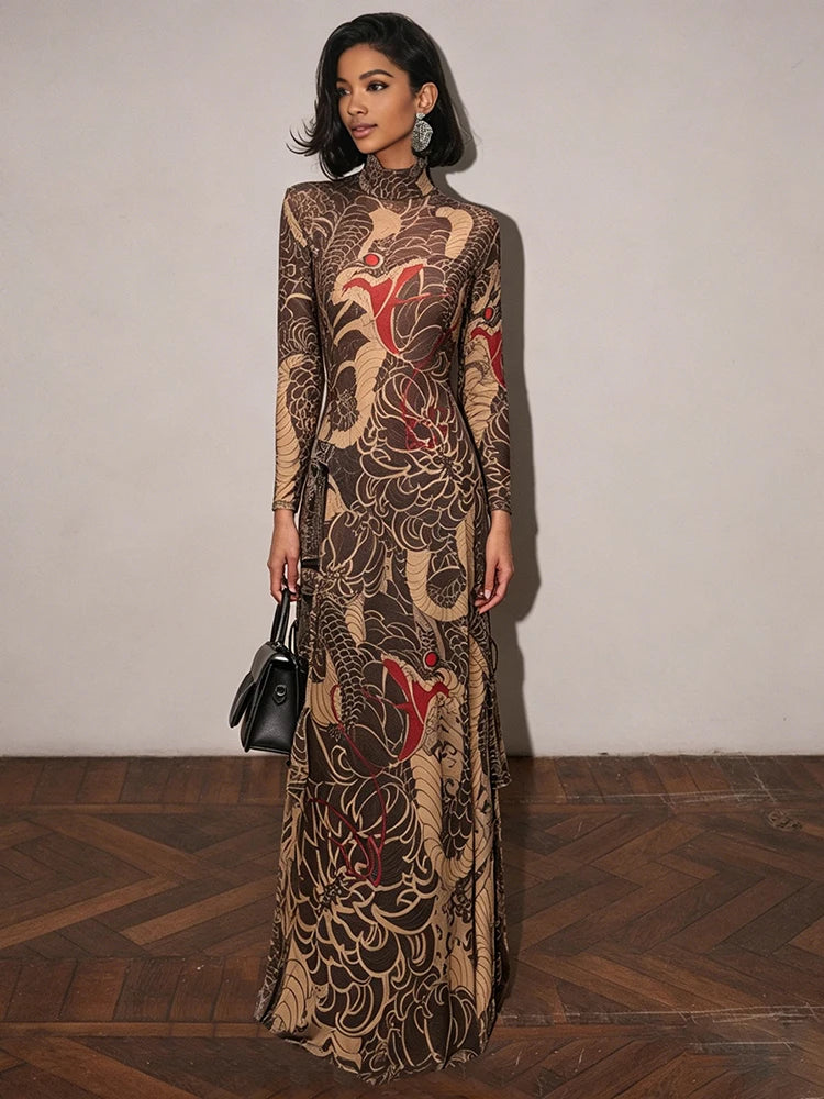 Snake Print Sheer Turtleneck Long Sleeve Top for Women