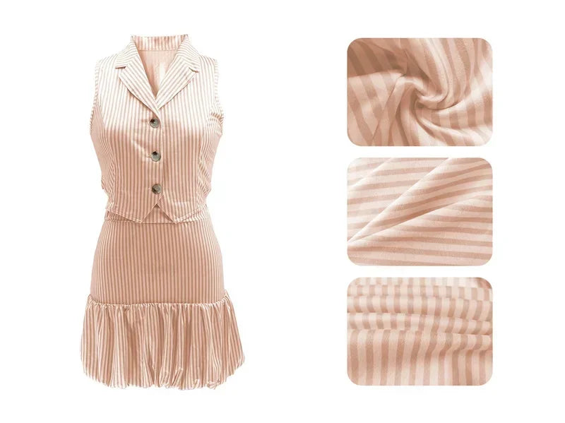 Striped Notched Vest Top And Mini Skirt Set for Women