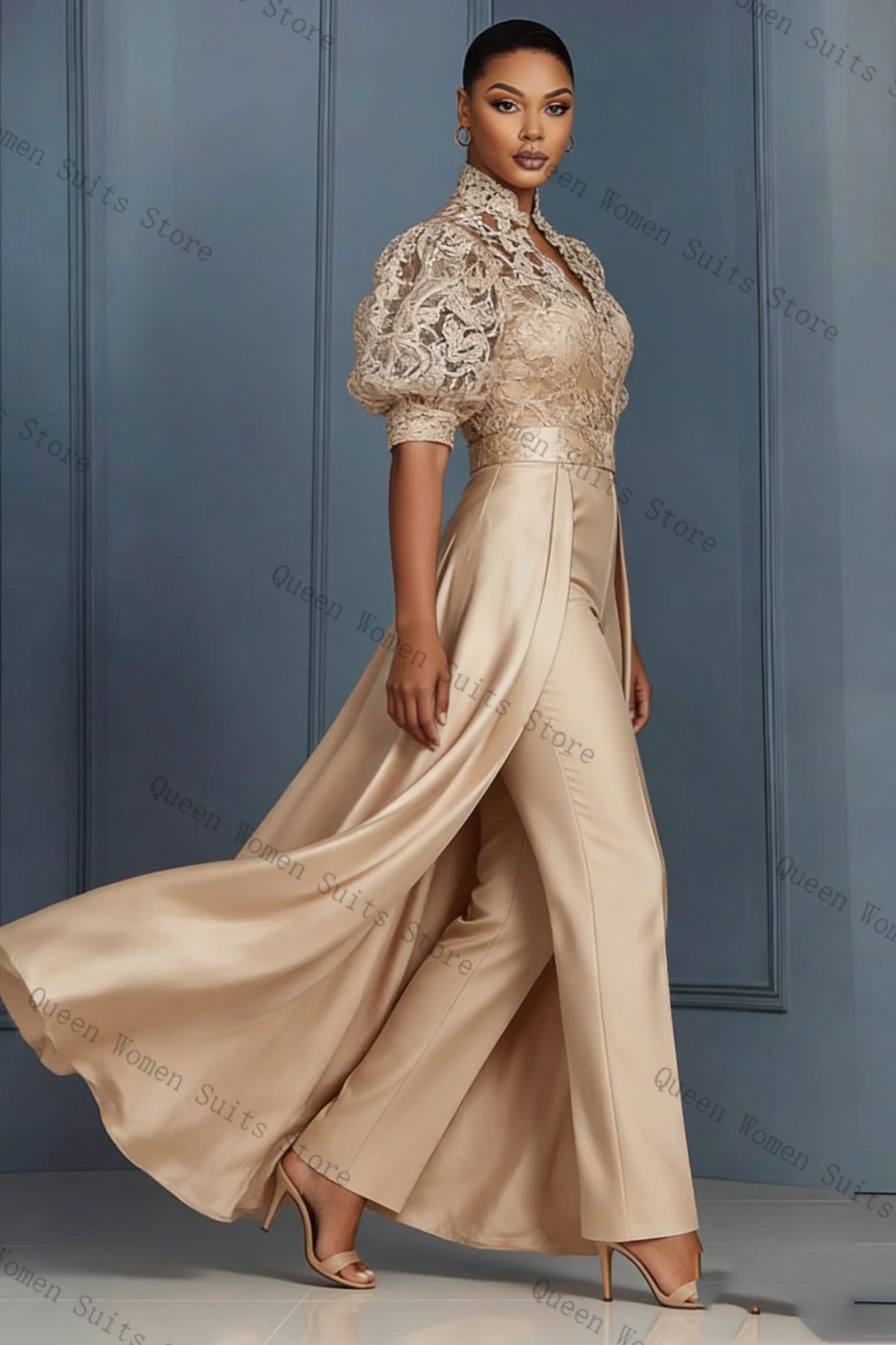 Elegant Champagne Lace Trim Blazer And Pants Suit Set For Women