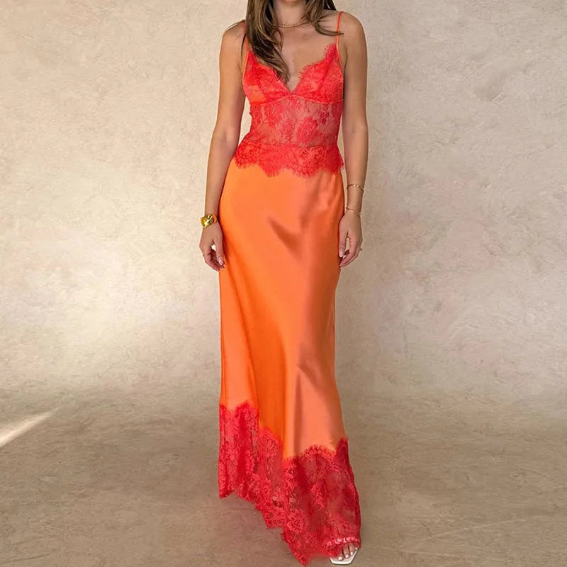 Satin Spaghetti Strap Deep V Neck Lace Patchwork Maxi Dress for Women