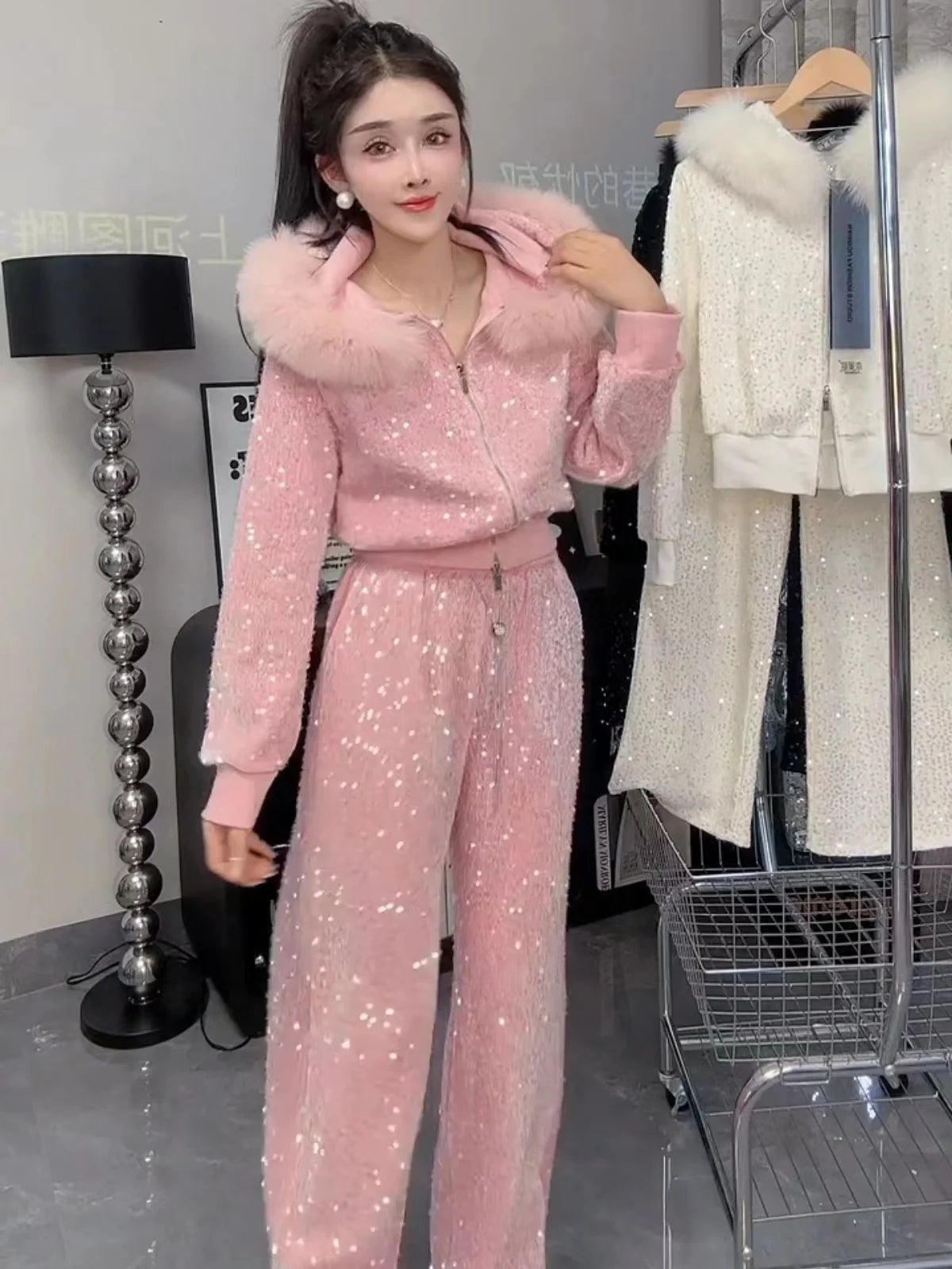 Fashion Velvet Casual Suit Winter Clothes New Sweet Sequins Hooded Fur Collar Sweatshirt Wide Leg Pants Ladies Two-Piece Set