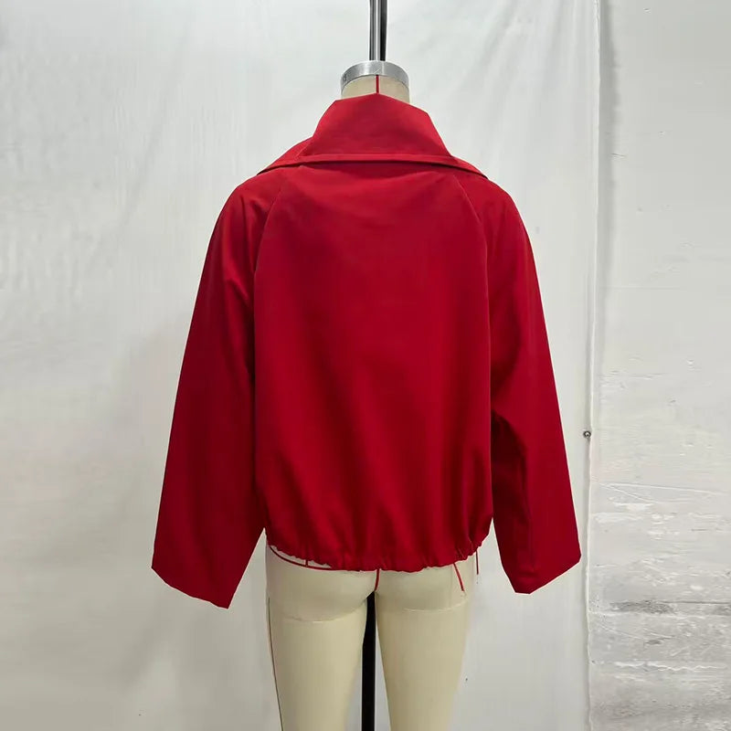 Casual Red Jacket With Turn-Down Collar and Long Sleeves for Women