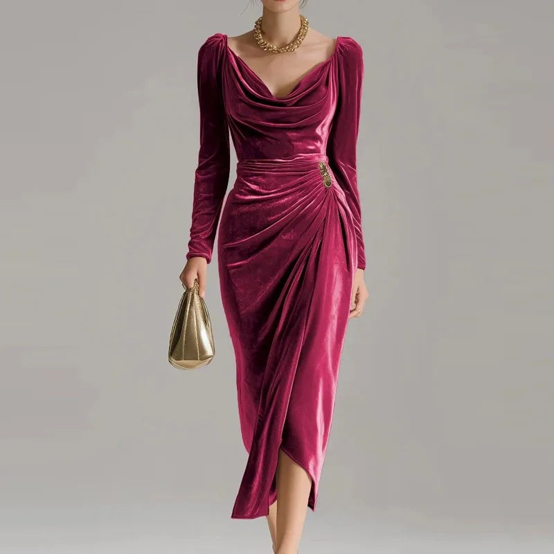 Elegant Velvet Draped Square Neck Long Sleeve A-Line Dress for Women