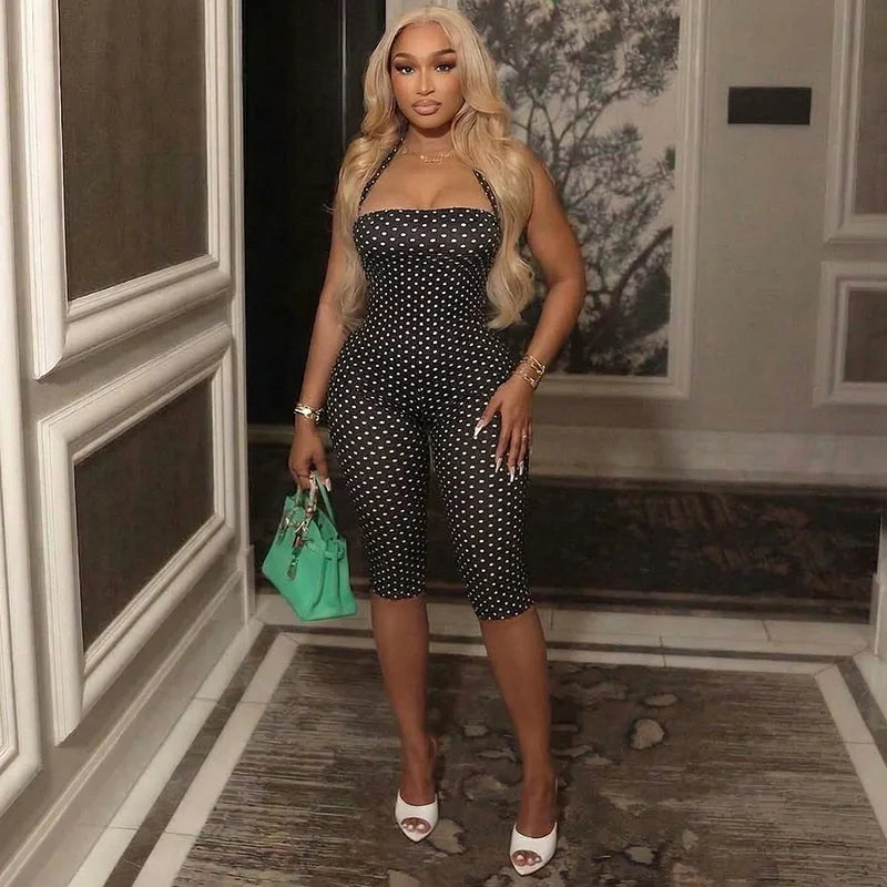 Polka Dot Halter Backless Bodycon Romper for Women