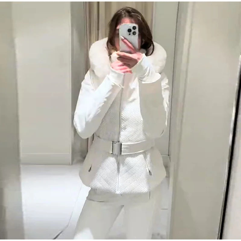Warm Fur Trim Hooded Winter Ski Suit with Belt for Women