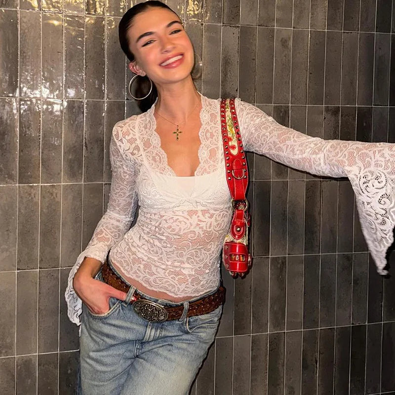 Aesthetic Lace Top Women Sexy Clothing See Through Deep V Neck Flared Long Sleeve T Shirts Party Clothes Clubwear