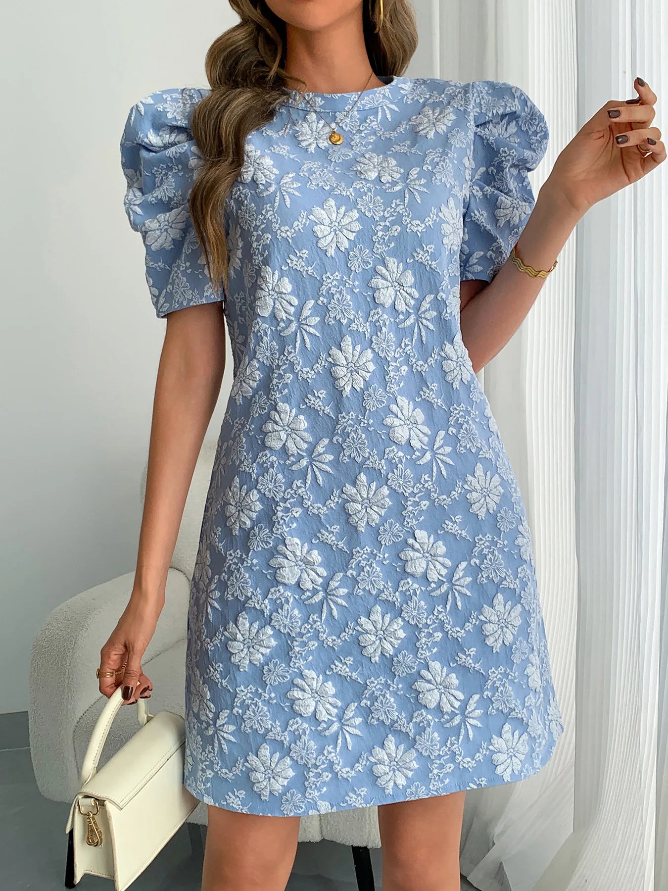 Textured Jacquard Puff Sleeve Midi Dress for Women