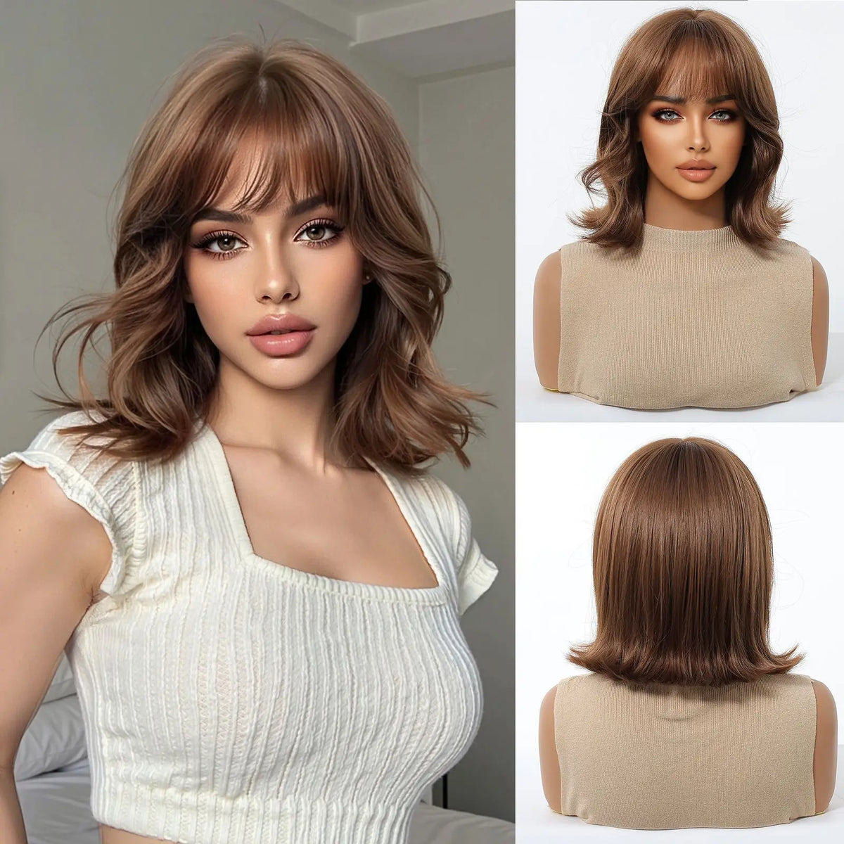 Heat Resistant Shoulder Length Straight Bob Wig With Bangs For Women