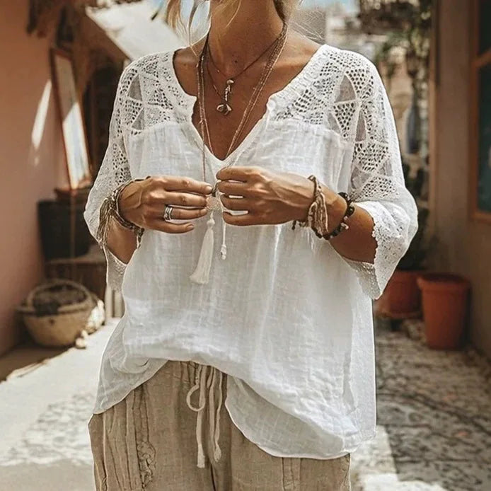 V-Neck Solid Three-Quarter Sleeve Loose Casual Tee for Women