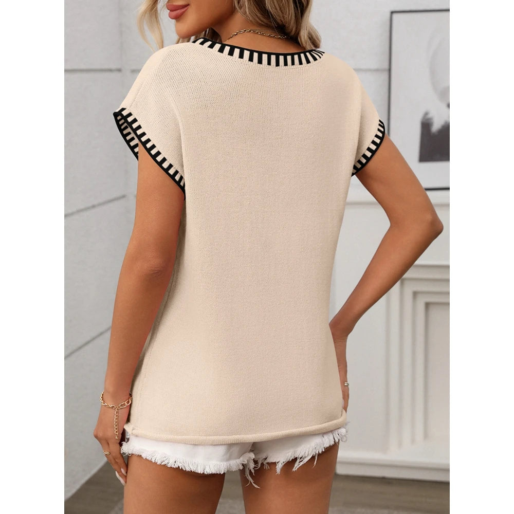 2025 Summer Women's Striped Ribbed Knitted V Neck Short Sleeve T-Shirts Femme Fashion Colorblock Casual Tops Streetwear