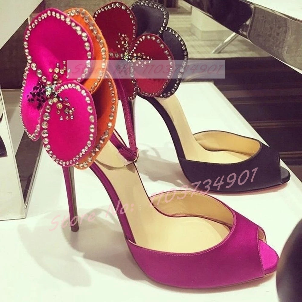 Pink Satin Crystal Peep Toe Stiletto Sandals for Women