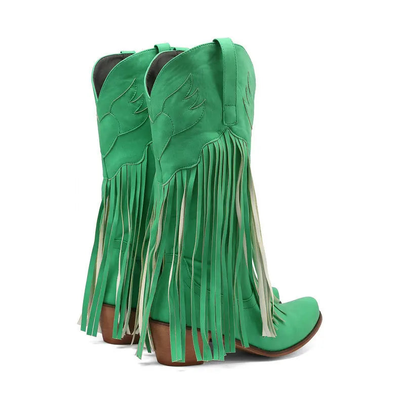 Retro Western Style Mid Calf Boots With Block Heel Tassels For Women