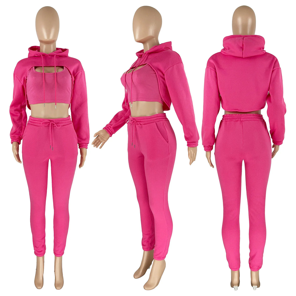 Three-Piece Hooded Sporty Matching Tracksuit Set for Women