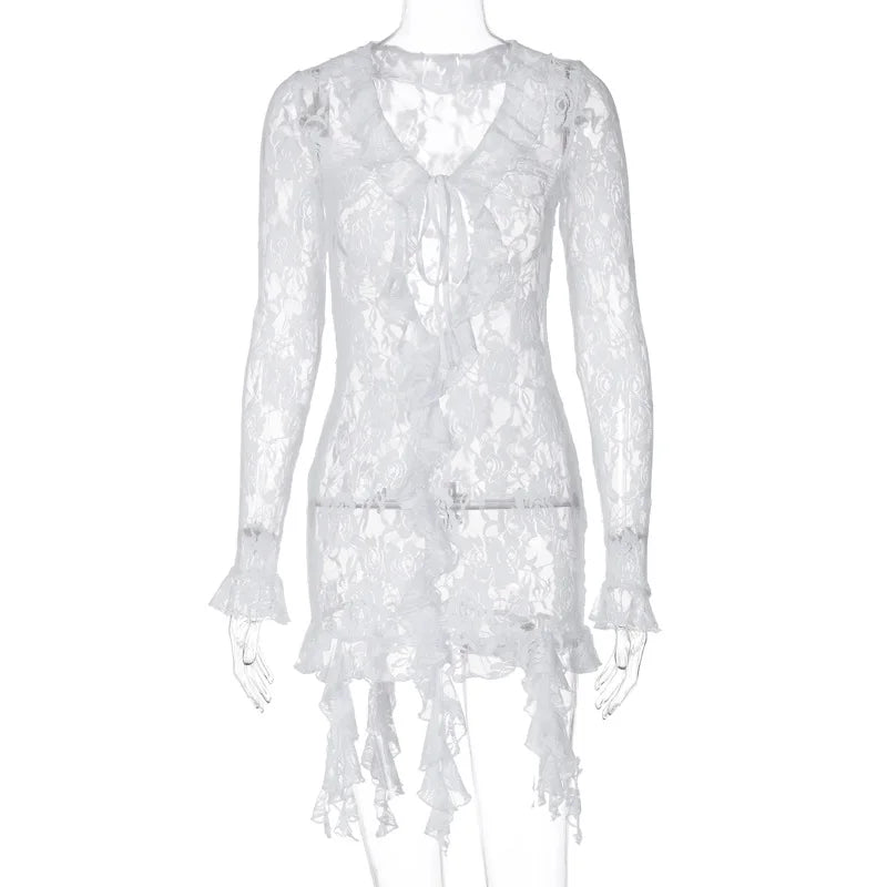Tie Front Sheer Lace Trim Mini Dress