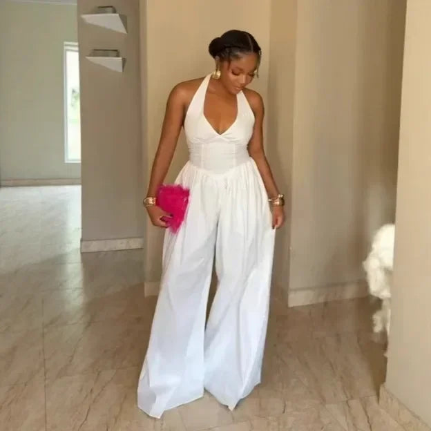 Elegant V-Neck Halter Solid Wide-Leg Jumpsuit for Women