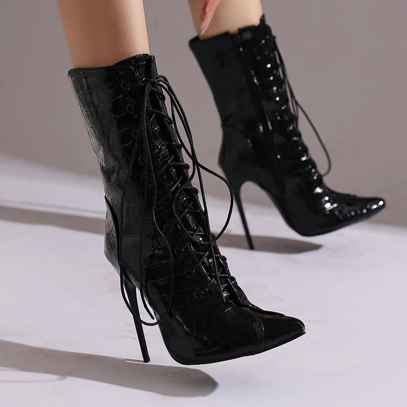 Alligator Pattern Lace Up Stiletto Ankle Boots for Women