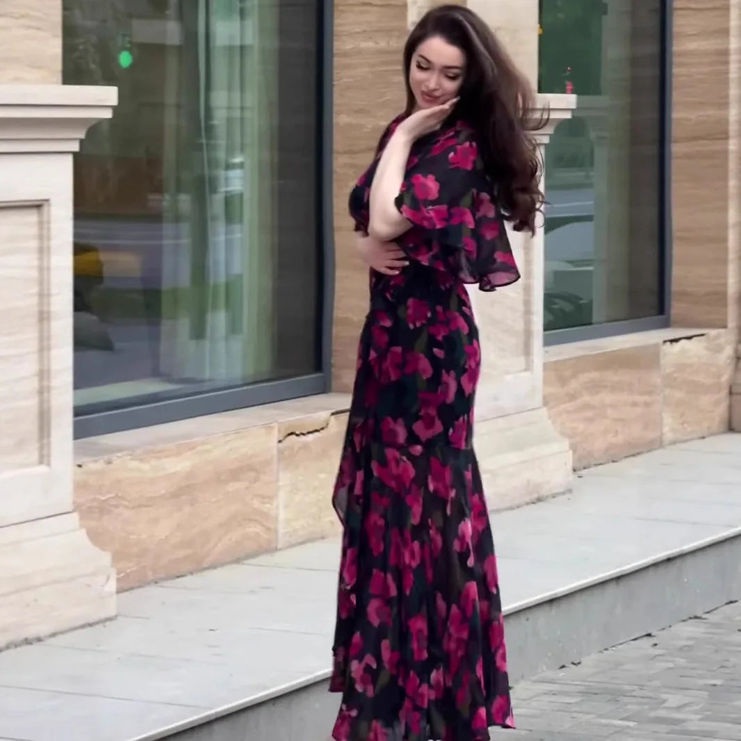 V Neck Floral Print Short Sleeve Ankle Length Dress for Women
