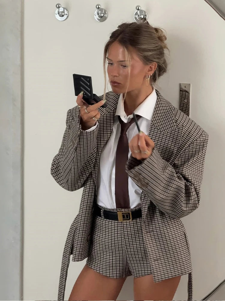 Vintage Plaid Lapel Blazer and Shorts Set for Women