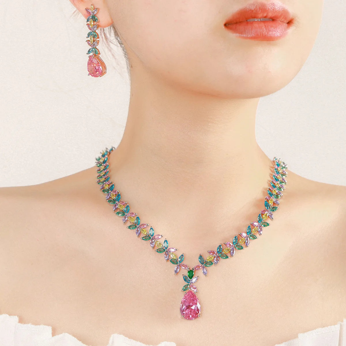 Colored Zircon Necklace and Drop Earrings Set for Women