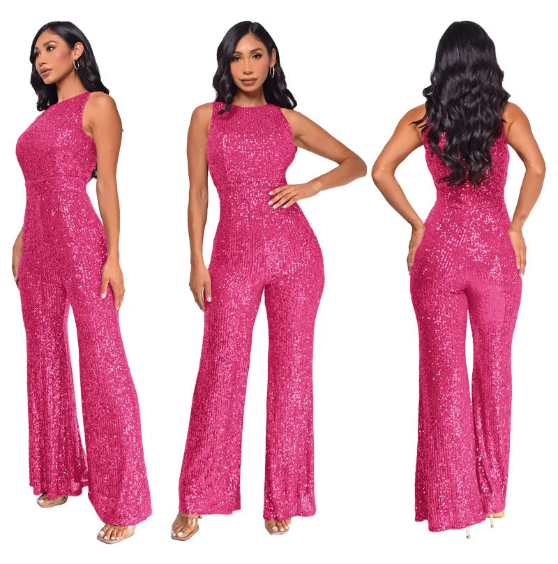 Elegant Silver Sequined Straight Cut Jumpsuit for Women