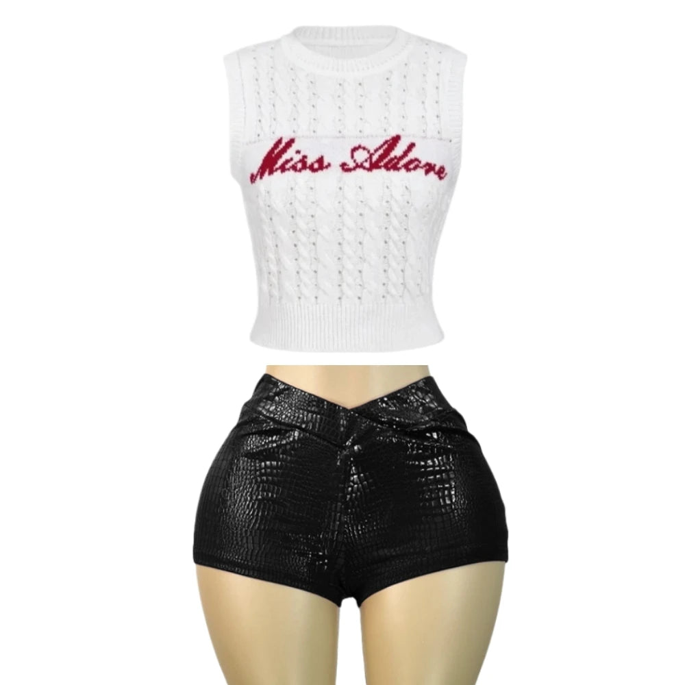 Letter Knit Crop Top Two Piece Set Streetwear for Women