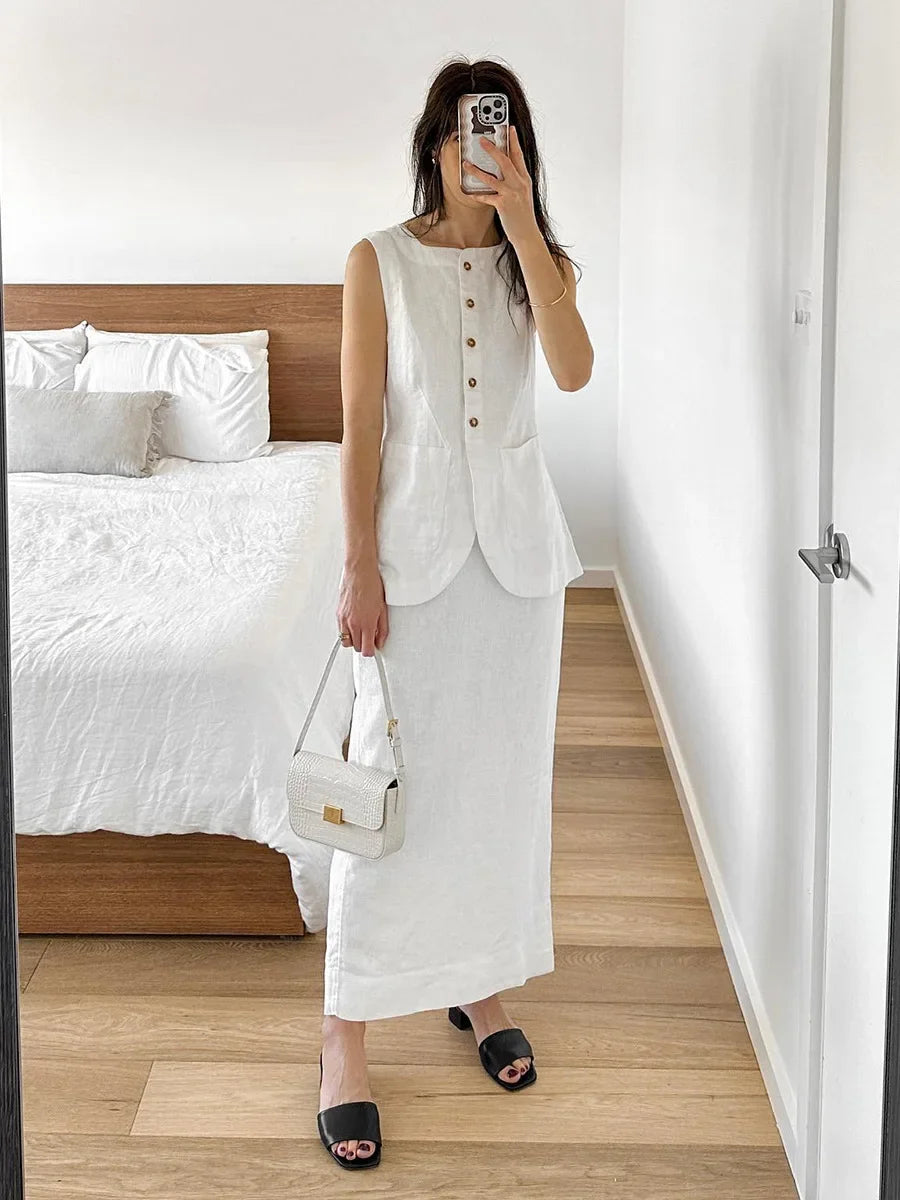 Breathable Linen High Waist Vest And Skirt Set For Women