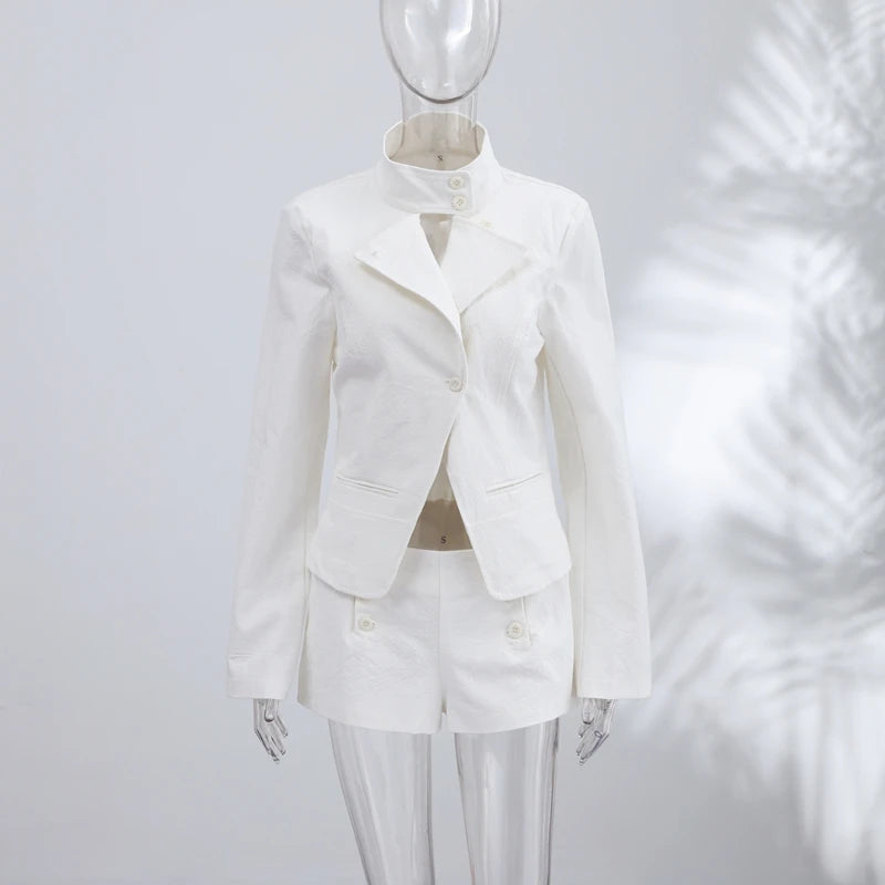 Casual Stand Collar Jacket and Shorts Set for Women