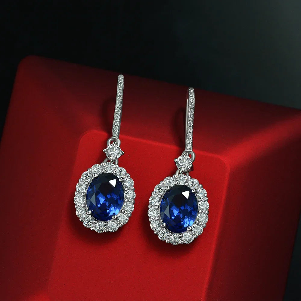 Drop Earrings With Oval Cut Ruby And Sapphire Stones In Sterling Silver 925, Vintage Style