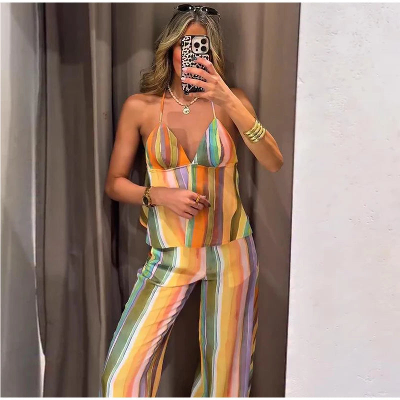 Cotton Striped High Waist Two Piece Summer Set For Women