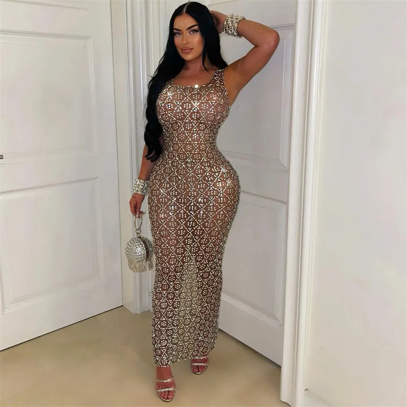 Sparkly Rhinestones Diamonds Evening Birthday Dress Women Luxury Night Party Tank Sleeveless Mesh See Through Prom Long Dresses